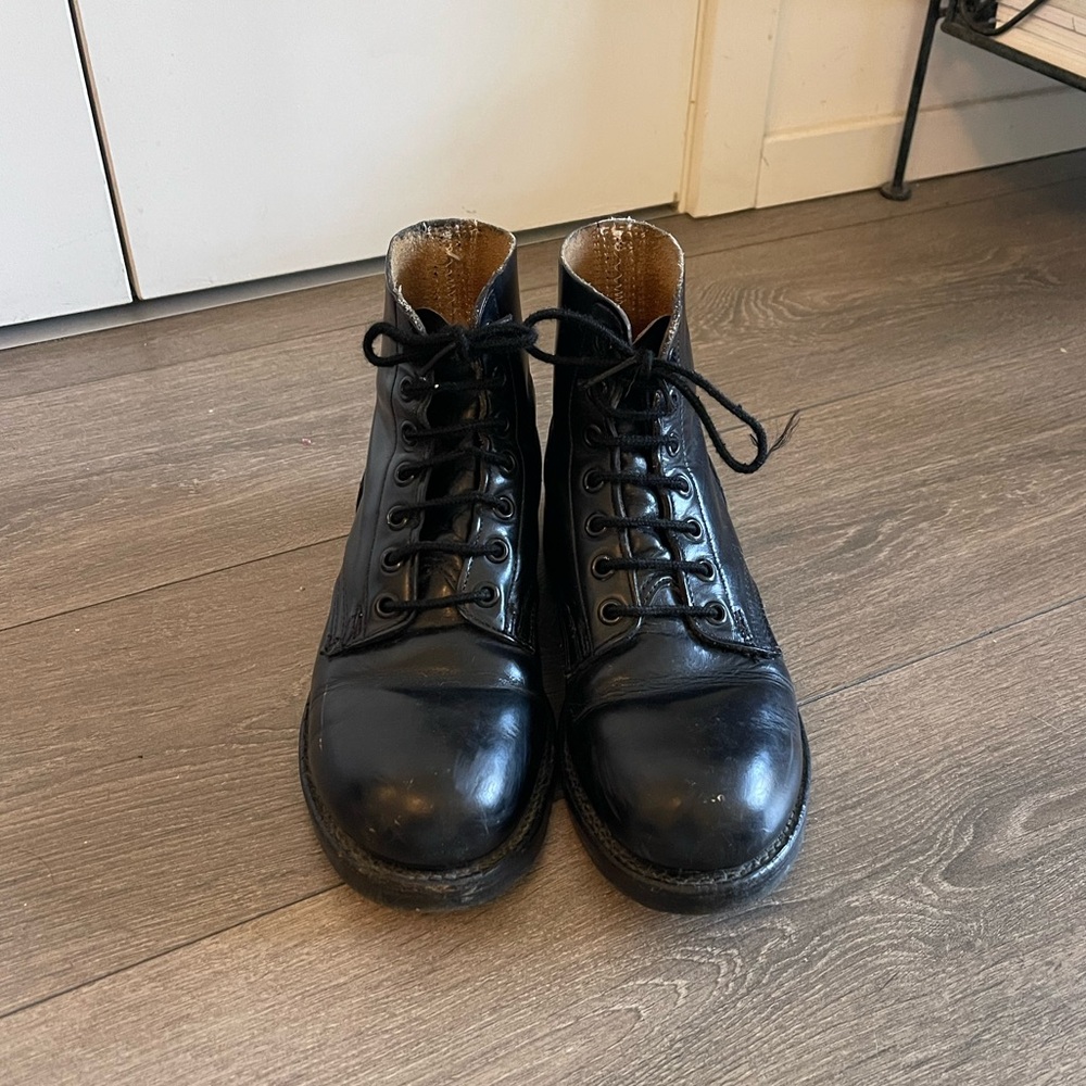 Vintage Black Leather Steel-Toe, Wooden Soled Army Boots